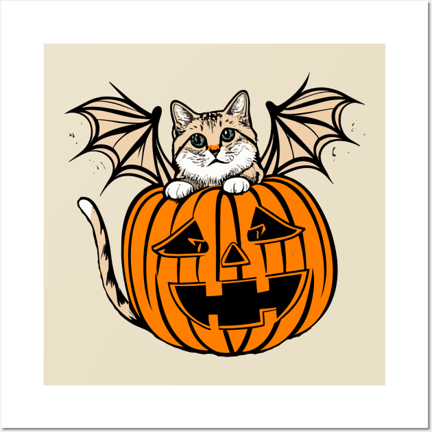 Cute Creepy Cat With Bat Wings In A Jack O Lantern Funny Halloween Wall Art by Illustradise